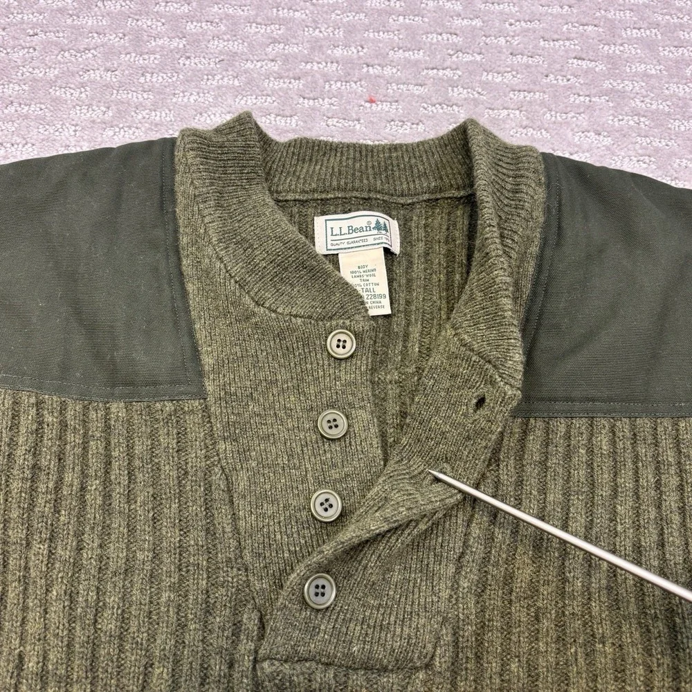 L.L. Bean Sweater Mens Large Tall Green Pullover Wool Commando Henley Military